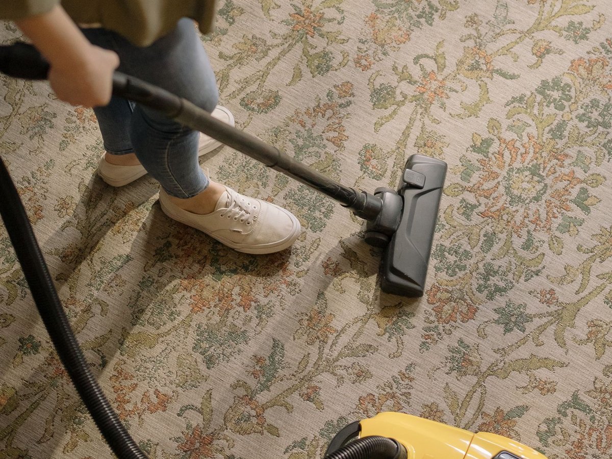 A vacuum cleaner head being run across a patterned area rug