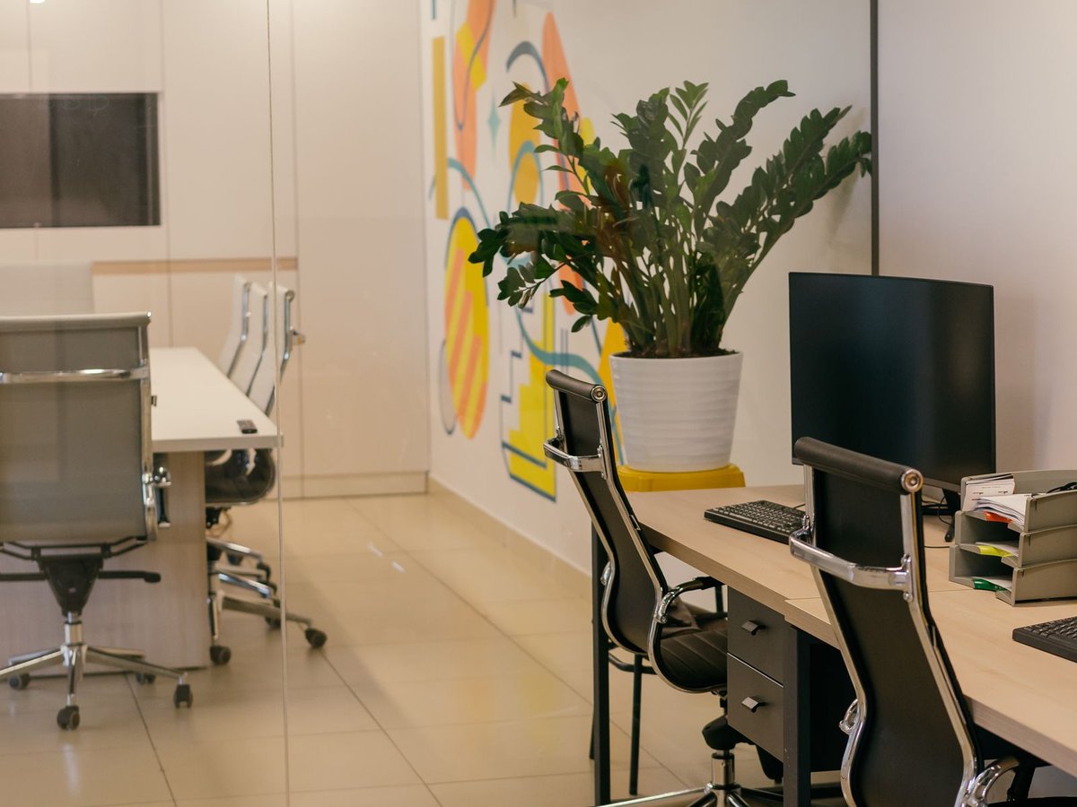 A bright, tidy modern office space with a clean desk and workstation